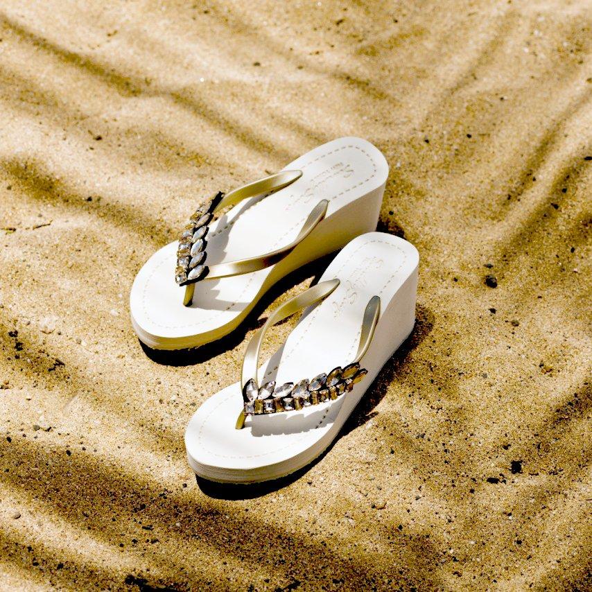 Smith - Gold Rhine Stone Embellished Women's High Wedge Flip Flops Sandal